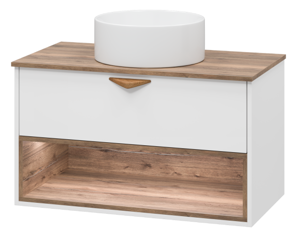 BERGEN - 90 Тумба подвесная 1 ящ. (ДСП (Дуб Гал/БЕЛ мат.эмаль) + раковина