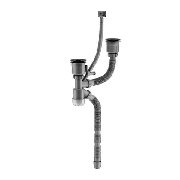 Сифон для мойки Splenka S600.41.09 двойной 1-уровневый с прямоугольным переливом, нержавеющая сталь, графит