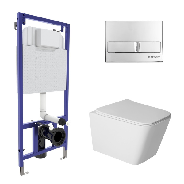Комплект BERGES: инсталляция NOVUM кнопка L3 хром глянец, унитаз SIGMA Rimless 52 см, сиденье дюропласт микролифт, быстросъём