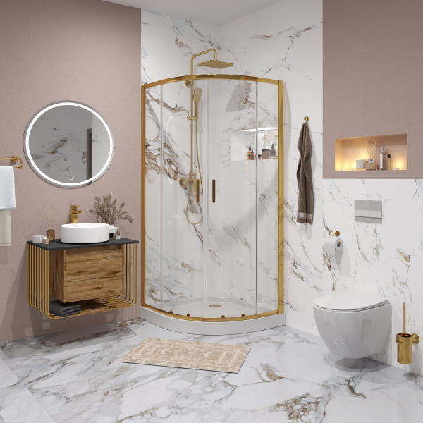 Душевое ограждение Niagara Nova NG-6406-08GOLD (90х90х195) четверть круга,золото,двери раздвижные,стекло прозрачное,1 место 