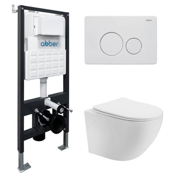 Комплект подвесной унитаз ABBER Bequem AC1100T белый с инсталляцией AC0105 и кнопкой AC0121MW белая матовая