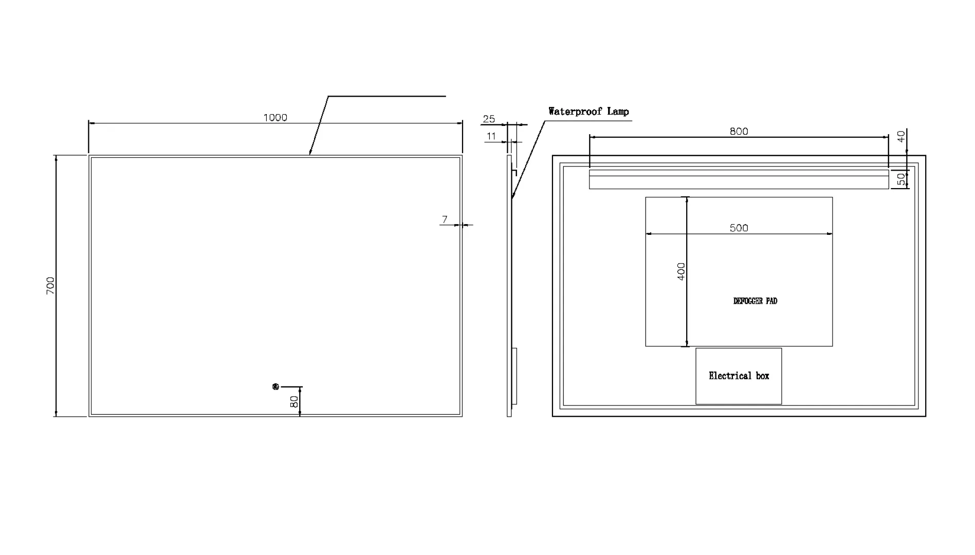 Прямоугольное зеркало , мет. рама, подсв., сенсор, антизапотевание, 100*70 GOLD 