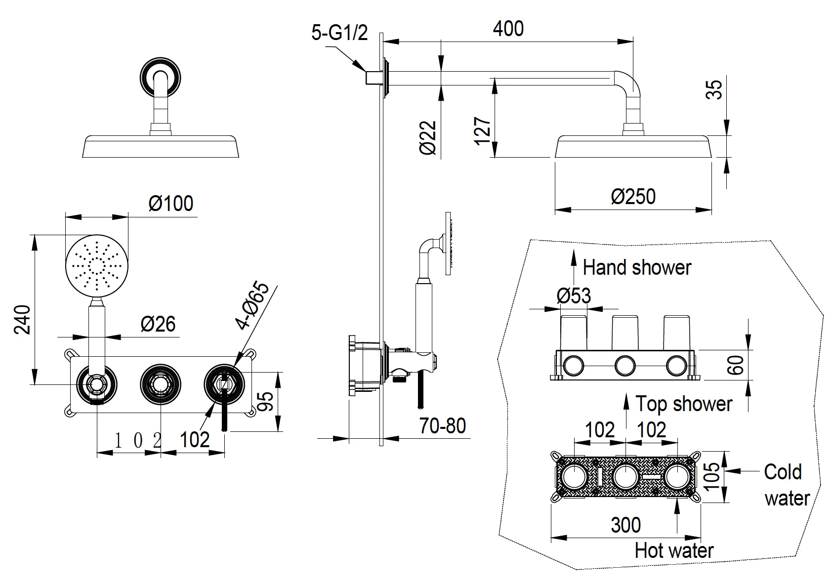 Смеситель встроенный + верхний+ ручной душ, ETERNA BRONZE