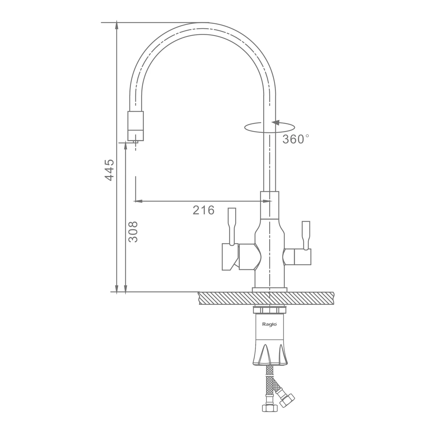 Смеситель Raglo для кухни с подключением к фильтру излив гибкий поворотный, Оружейная сталь R81.64.09