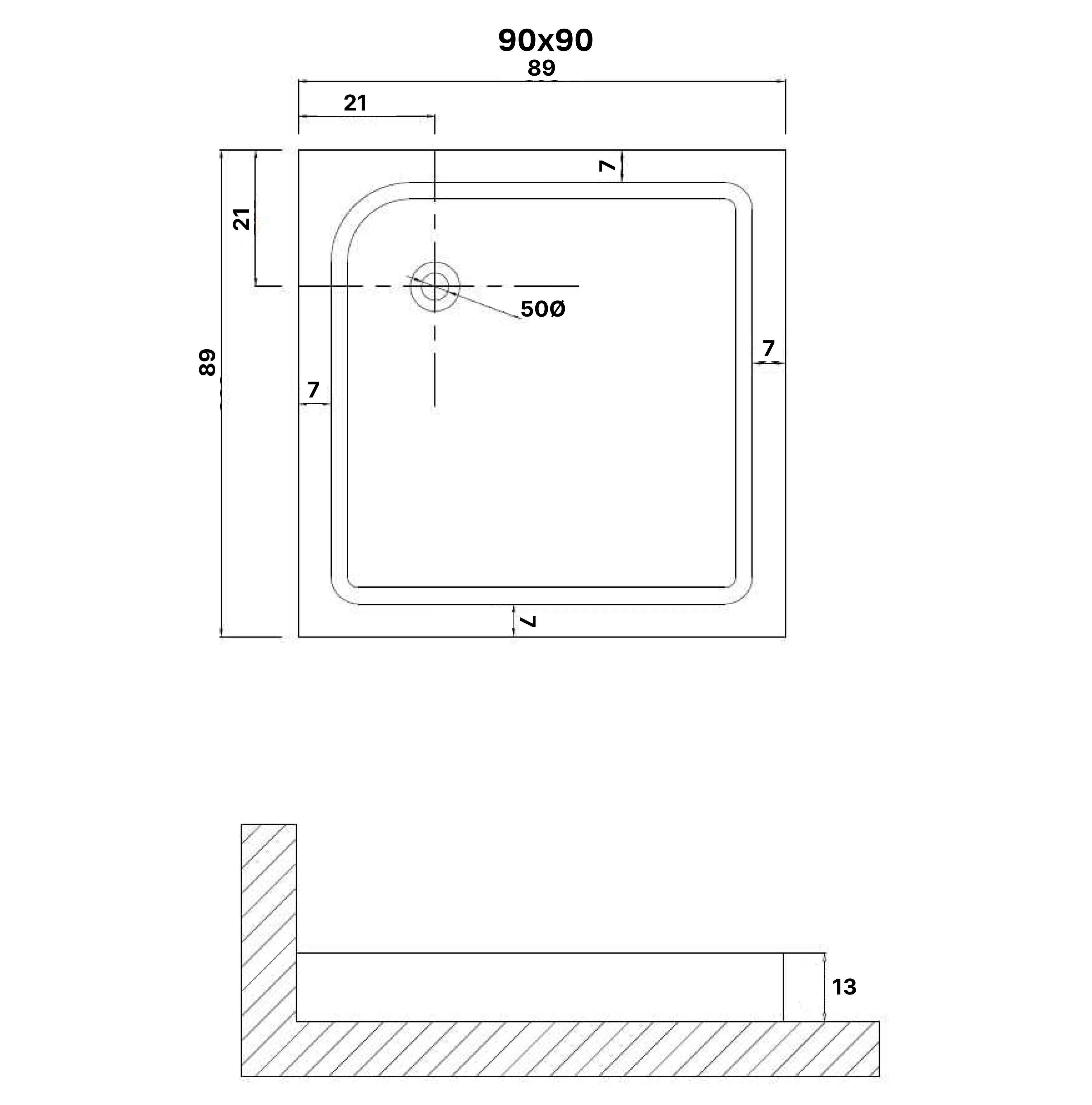 Душевой поддон (90х90х13) квадрат,1 место NG-P9090-14Q