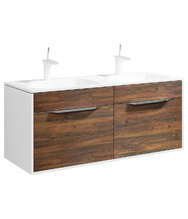 Подвесная тумба с двумя основными ящиками, двумя потайными ящиками, скрытыми за фасадами. Цвет крафт темный. В комплекте умывальник с двумя чашами из литьевого мрамора