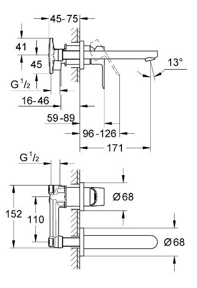 Смеситель BauEdge для раковины, на 2 отверстия, настенный монтаж, хром 20474000
