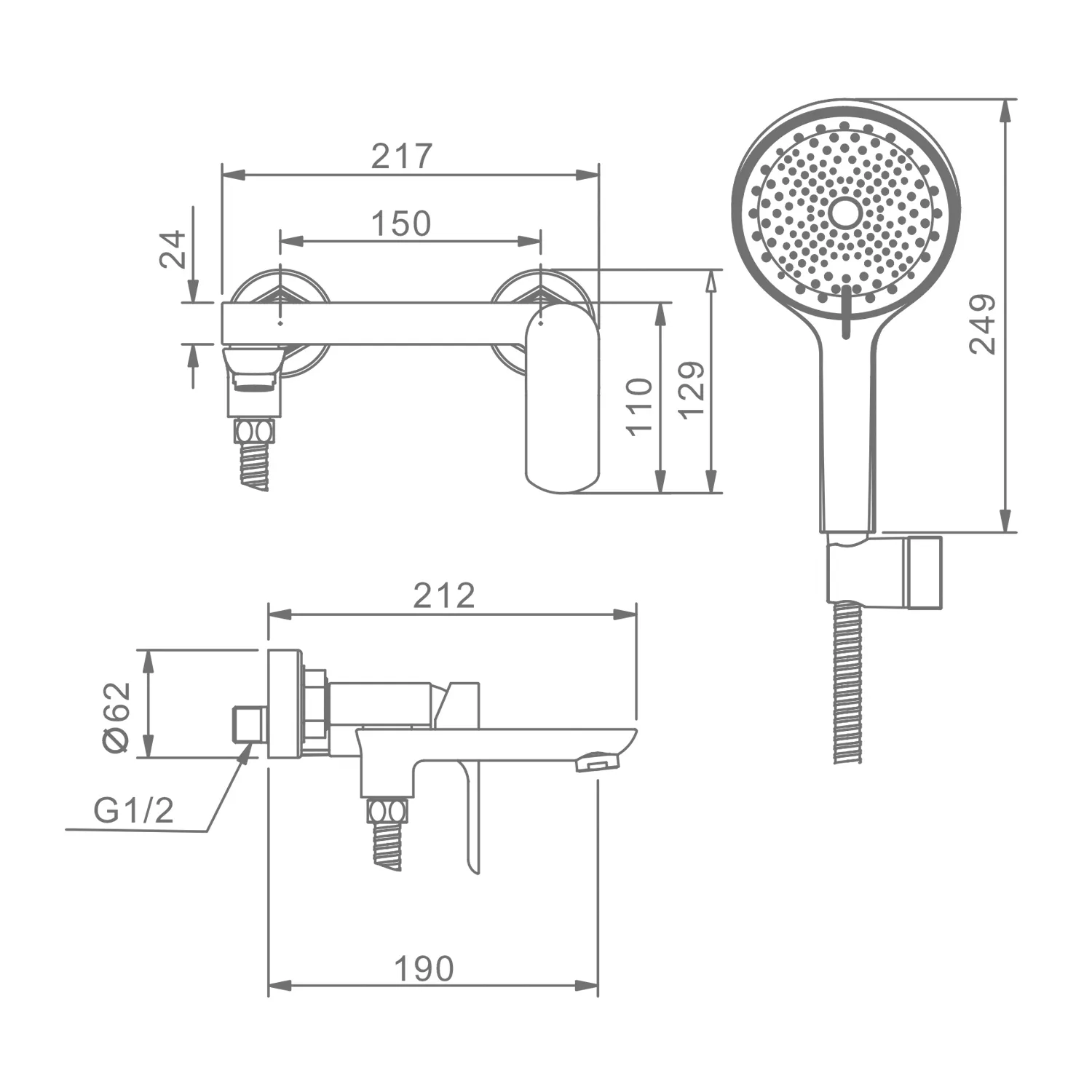 Смеситель Raglo R03.30.03 для ванны и душа настенный излив поворотный 15 см, сатин золотой