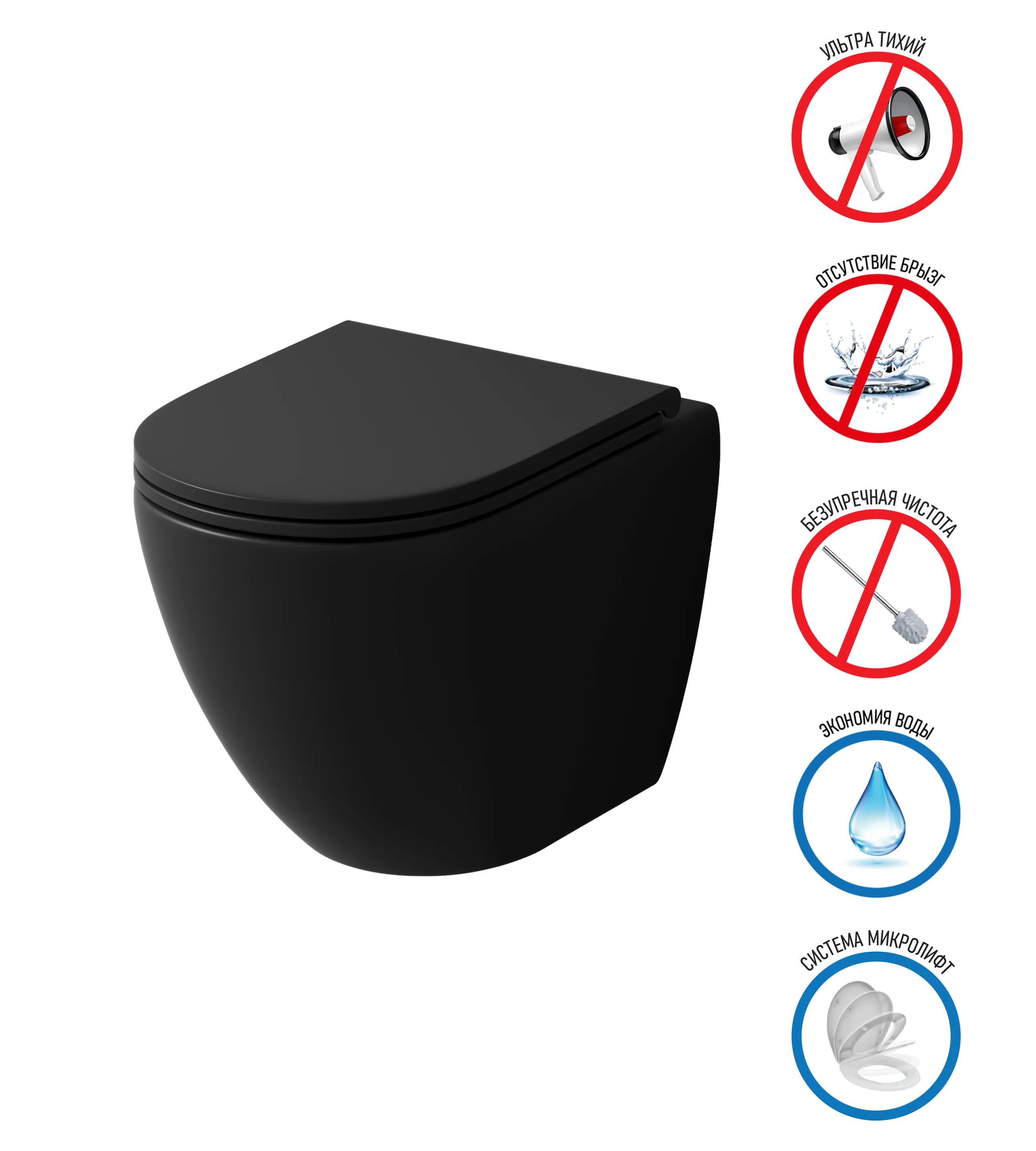 Унитаз подвесной Grossman (485х360х320) безободковый,черный матовый с тонкой крышкой GR-4455BMSQ