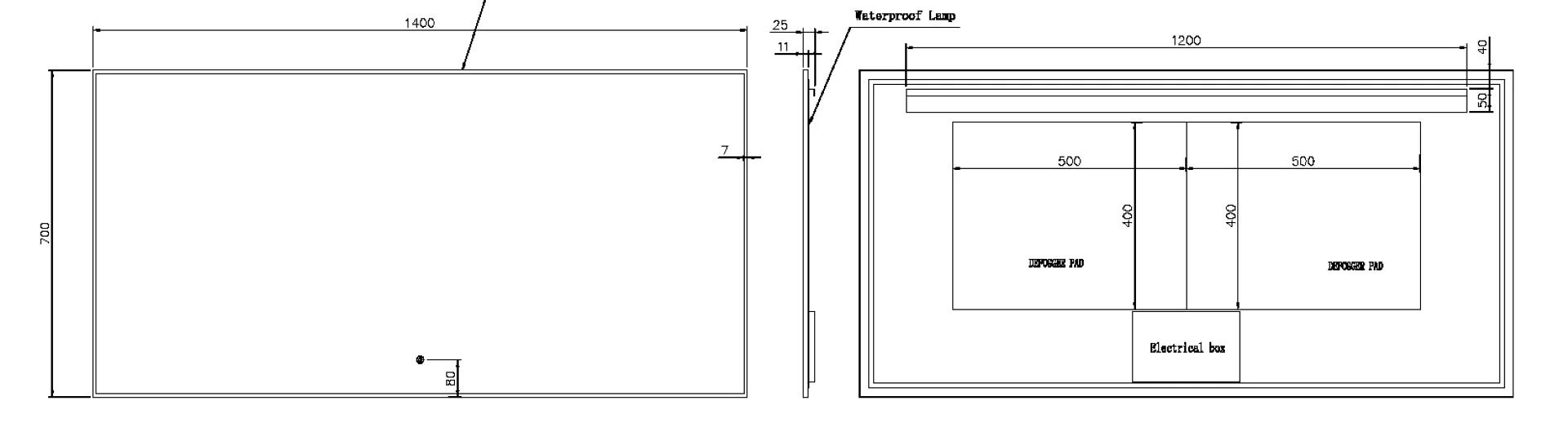 Прямоугольное зеркало , мет. рама, подсв., сенсор, антизапотевание, 140*70 CHROME 
