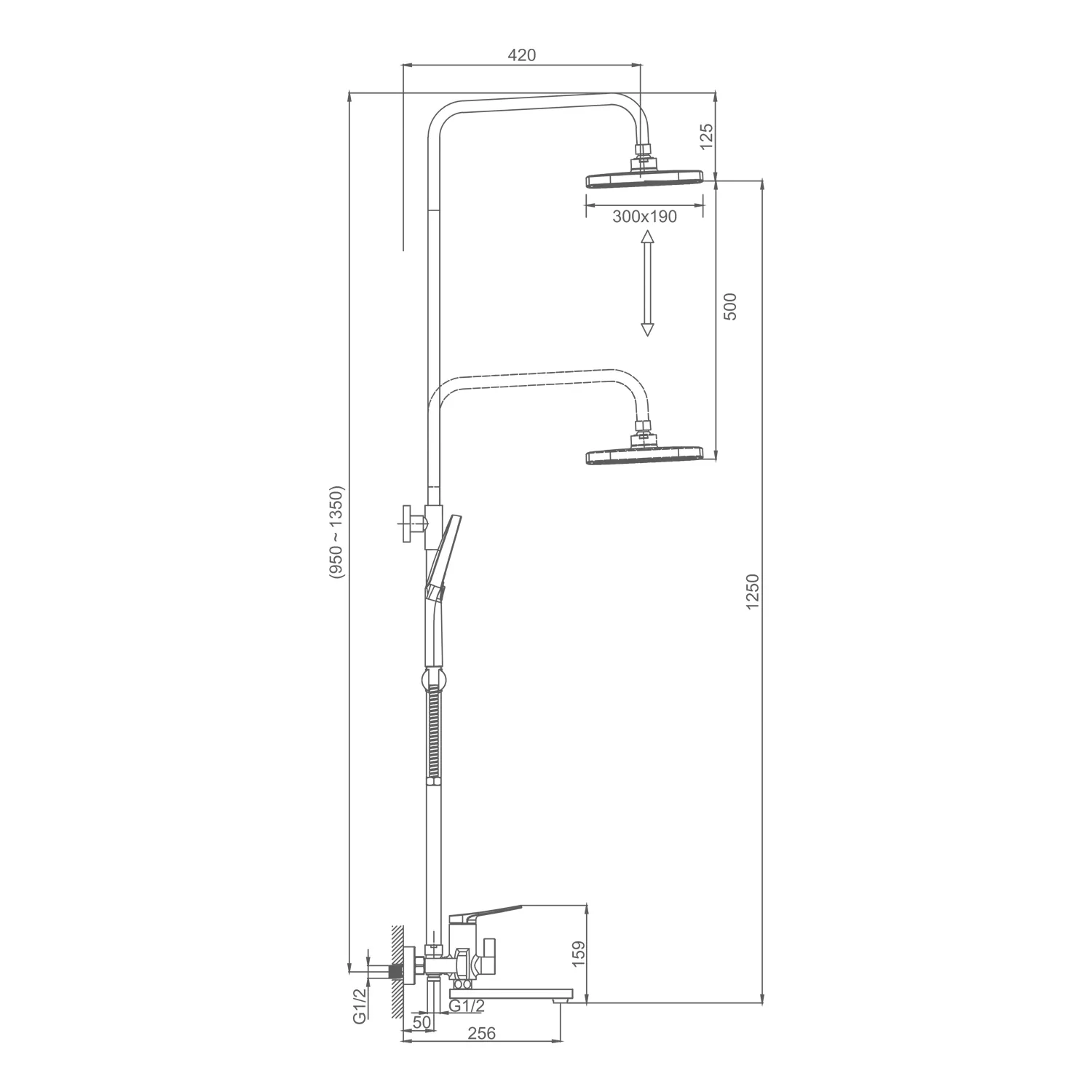 Душевая система Splenka S40.24.07 для ванны и душа  поворотный излив 20 см, серый