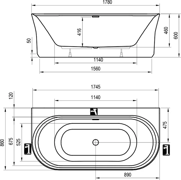 Ванна YPSILON W 178x86 белая пристенная (черный слив)