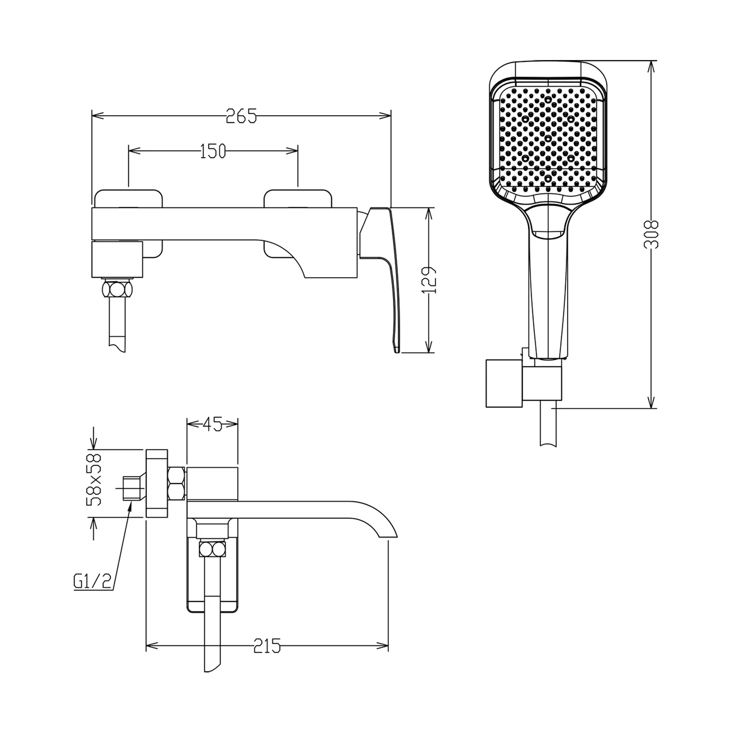 Смеситель Raglo для ванны и душа настенный излив поворотный 15 см, графит R02.30.09