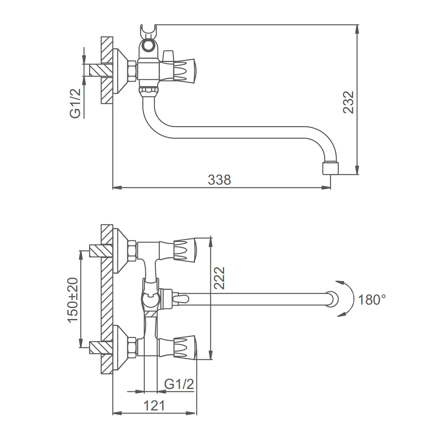 Смеситель Splenka S81.222 для ванны и душа универсальный вентильный поворотный излив 30 см, хром