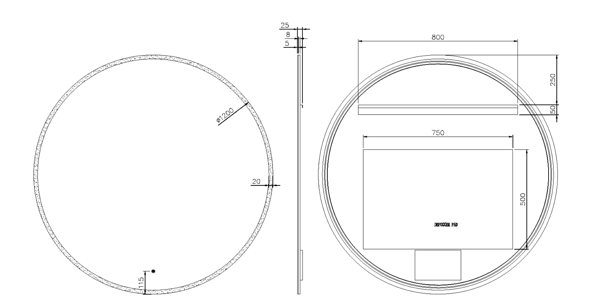 Зеркало круглое , мет. рама, подсв., сенсор, антизапотевание, D120cm, GUN METAL 