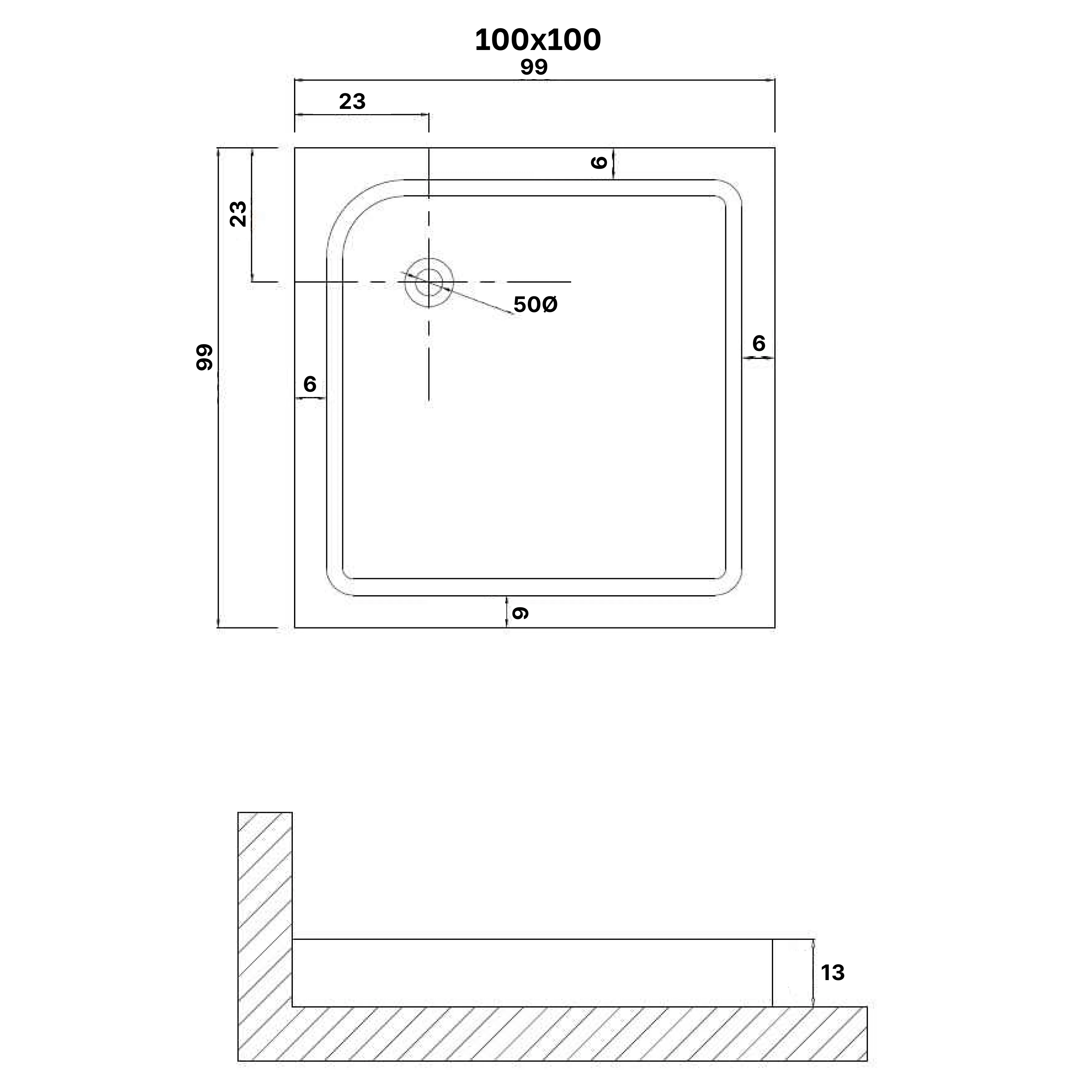 Душевой поддон (100х100х13) квадрат,1 место NG-P1010-14Q