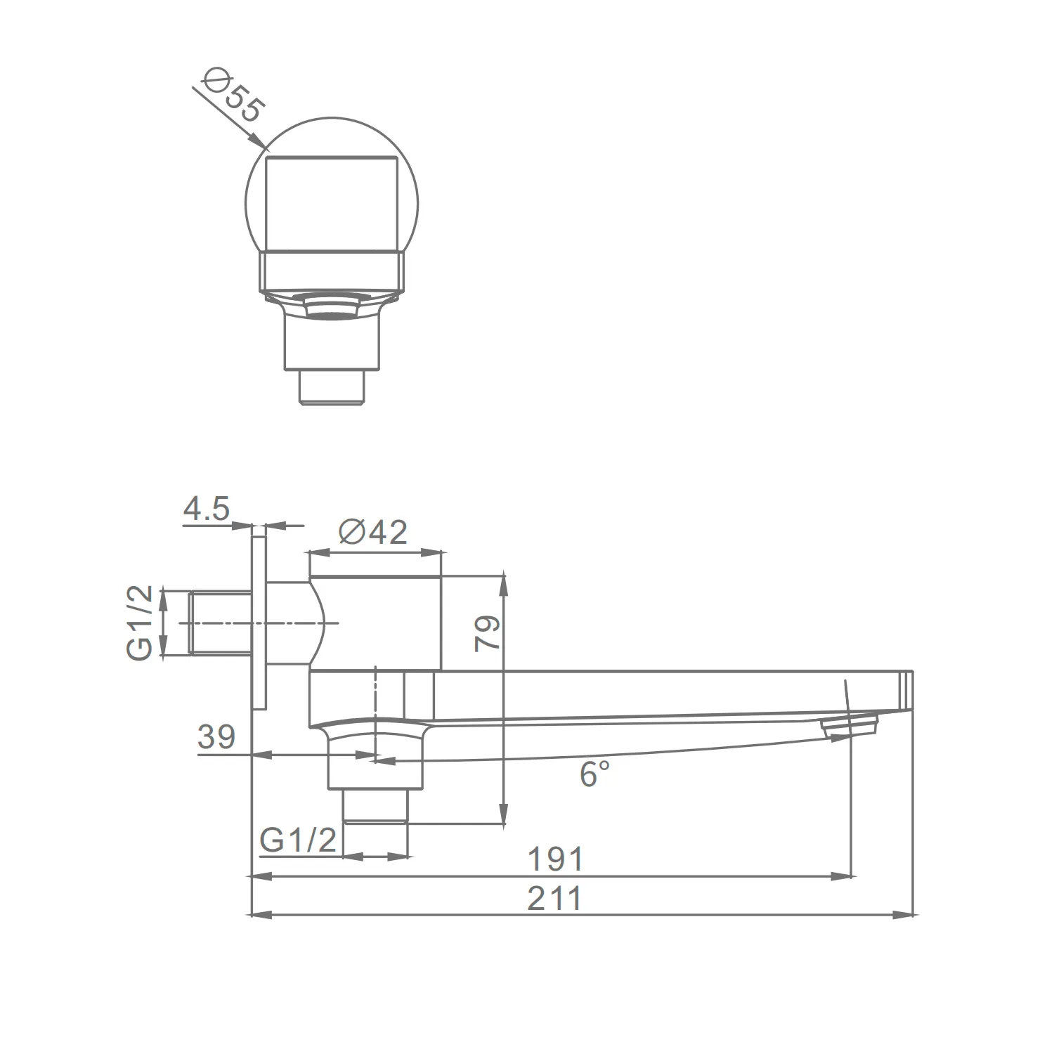 Встраиваемый наполнитель Raglo R473.75 для ванны и душа излив поворотный 21см с функцией переключения латунь, хром