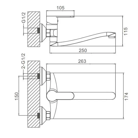 Смеситель Prohanss P64.46 для кухни настенный поворотный излив 25 см, хром