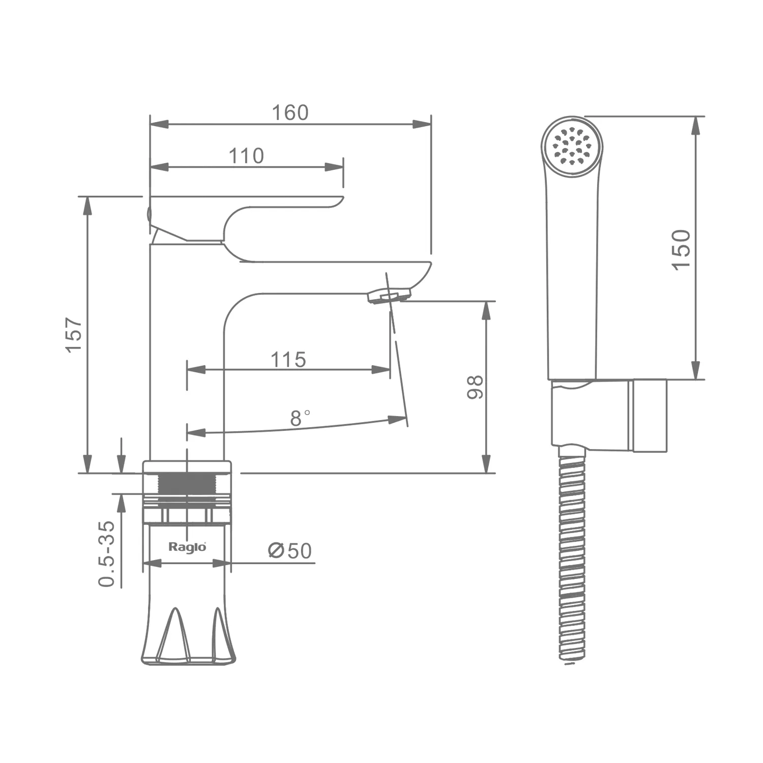 Смеситель Raglo для раковины с гигиеническим душем монолитный, хром R03.12