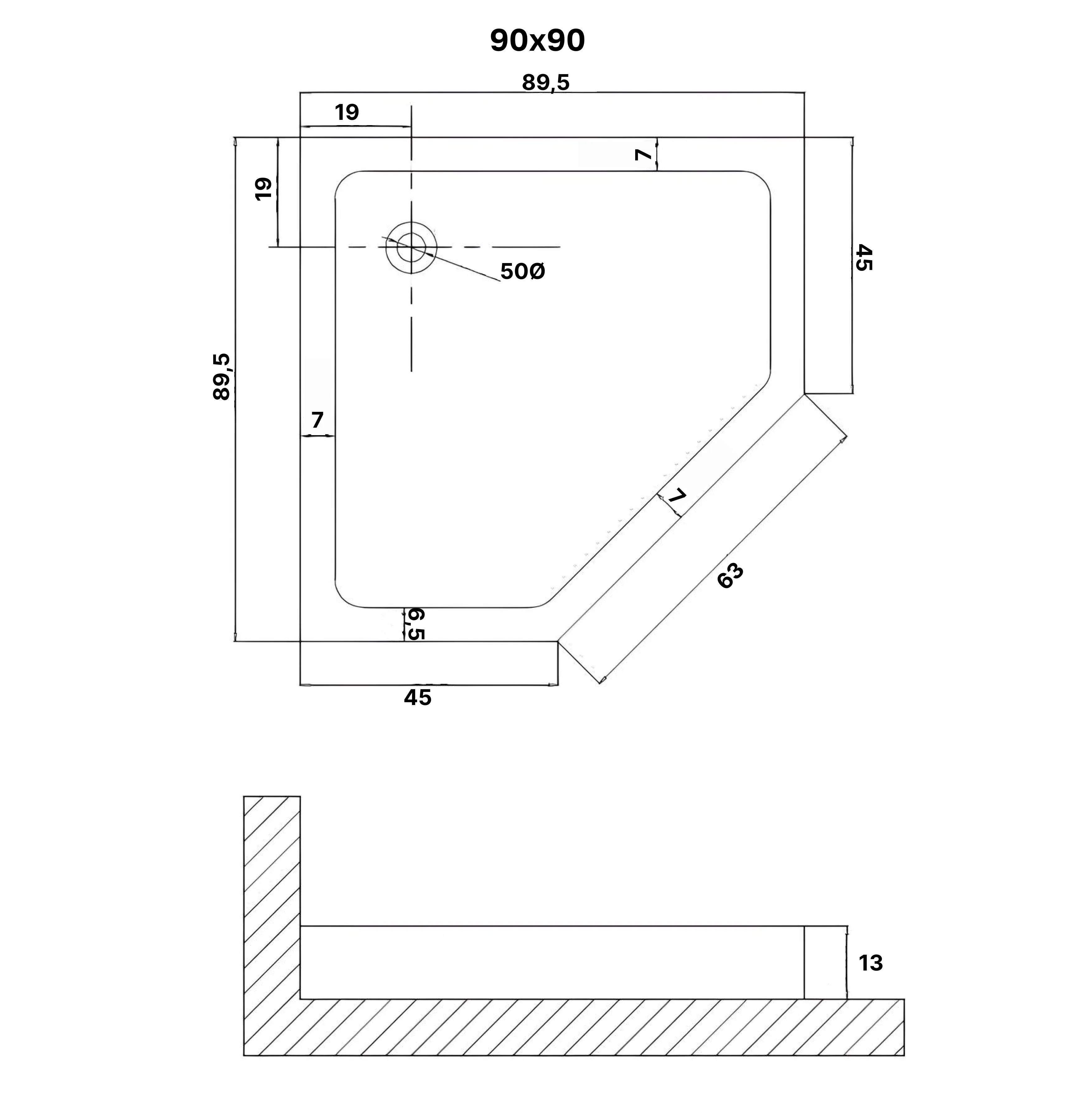 Душевой поддон (90х90х13) трапеция,1 место NG-P9090-14D