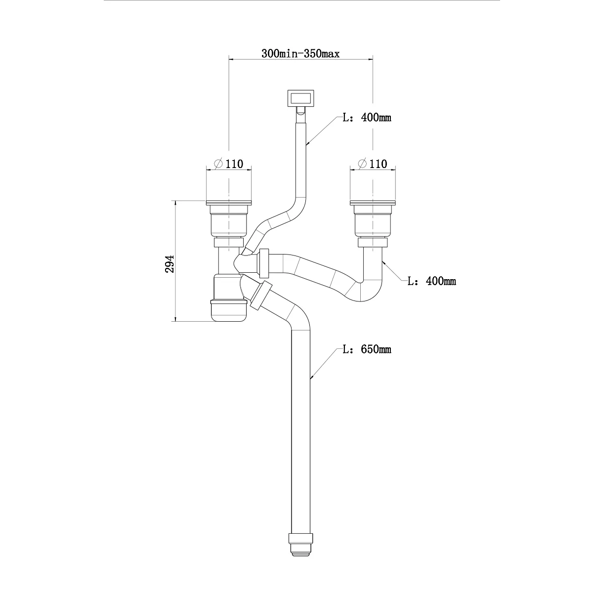 Сифон для мойки Splenka двойной 1-уровневый с прямоугольным переливом, нержавеющая сталь, сатин S600.41.05