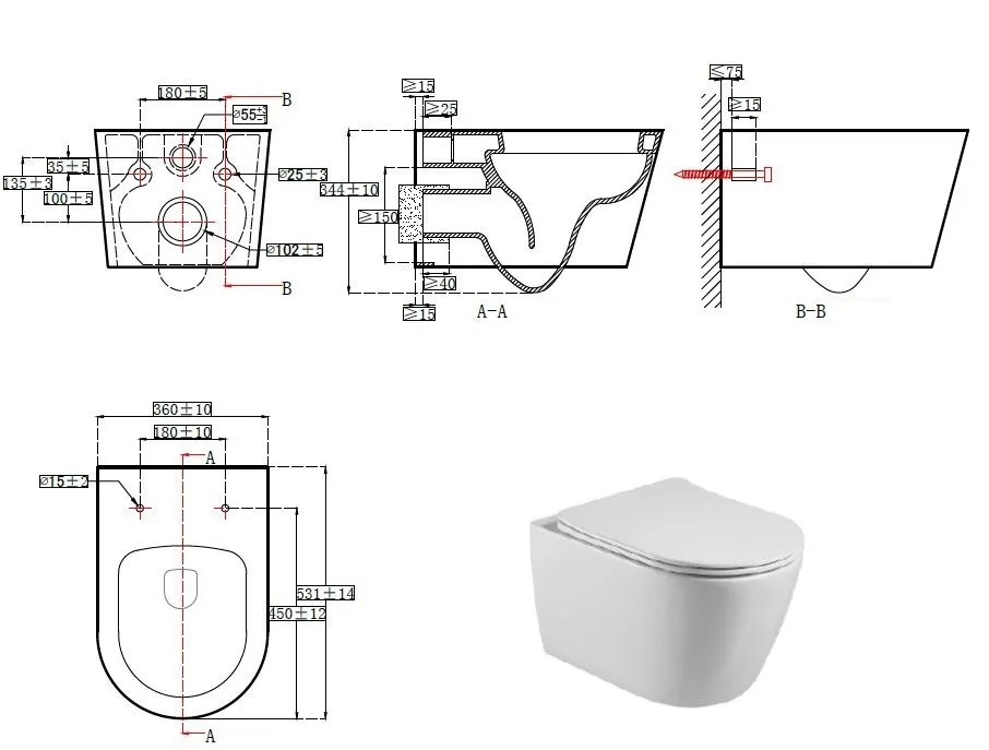 Унитаз подвесной БЕТТА безободковый 530*360*330мм,  тонкое сиденье с механизмом плавного 
