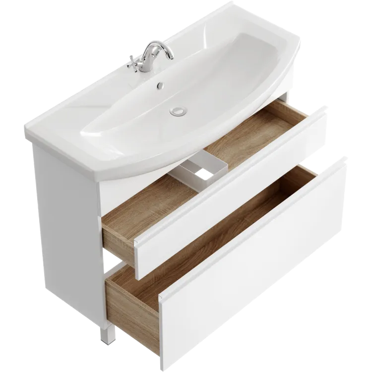 Напольная тумба 107 см с двумя ящиками в белом цвете,