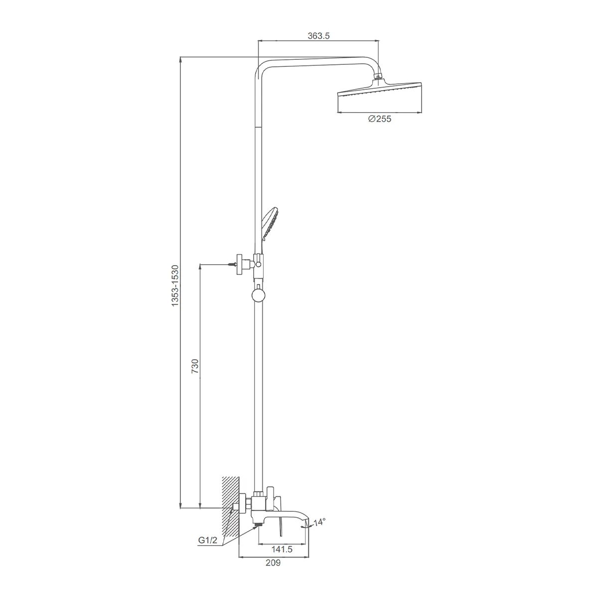 Душевая система Prohanss P61.24 для ванны и душа с тропическим душем поворотный излив 15 см, хром