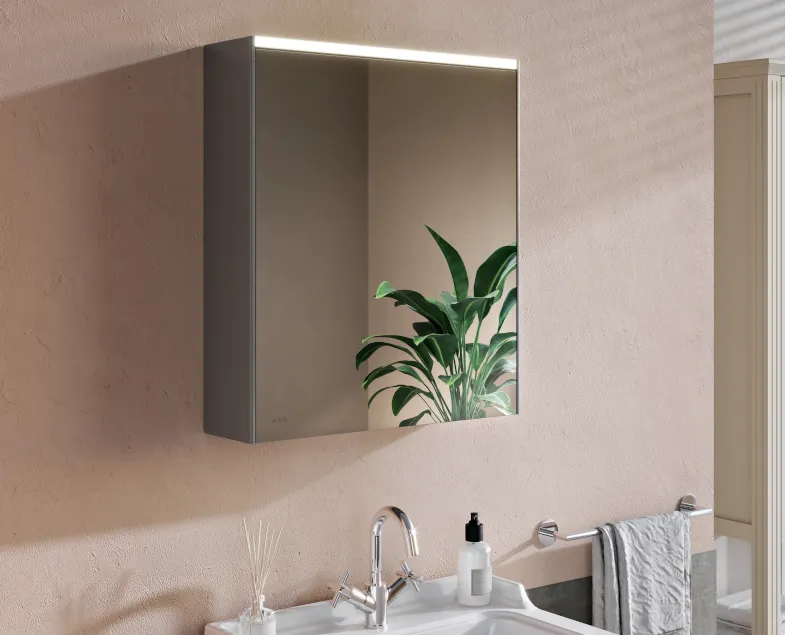 66909 Зеркало-шкаф 60 см с подсветкой и розеткой левый антрацит VITRA