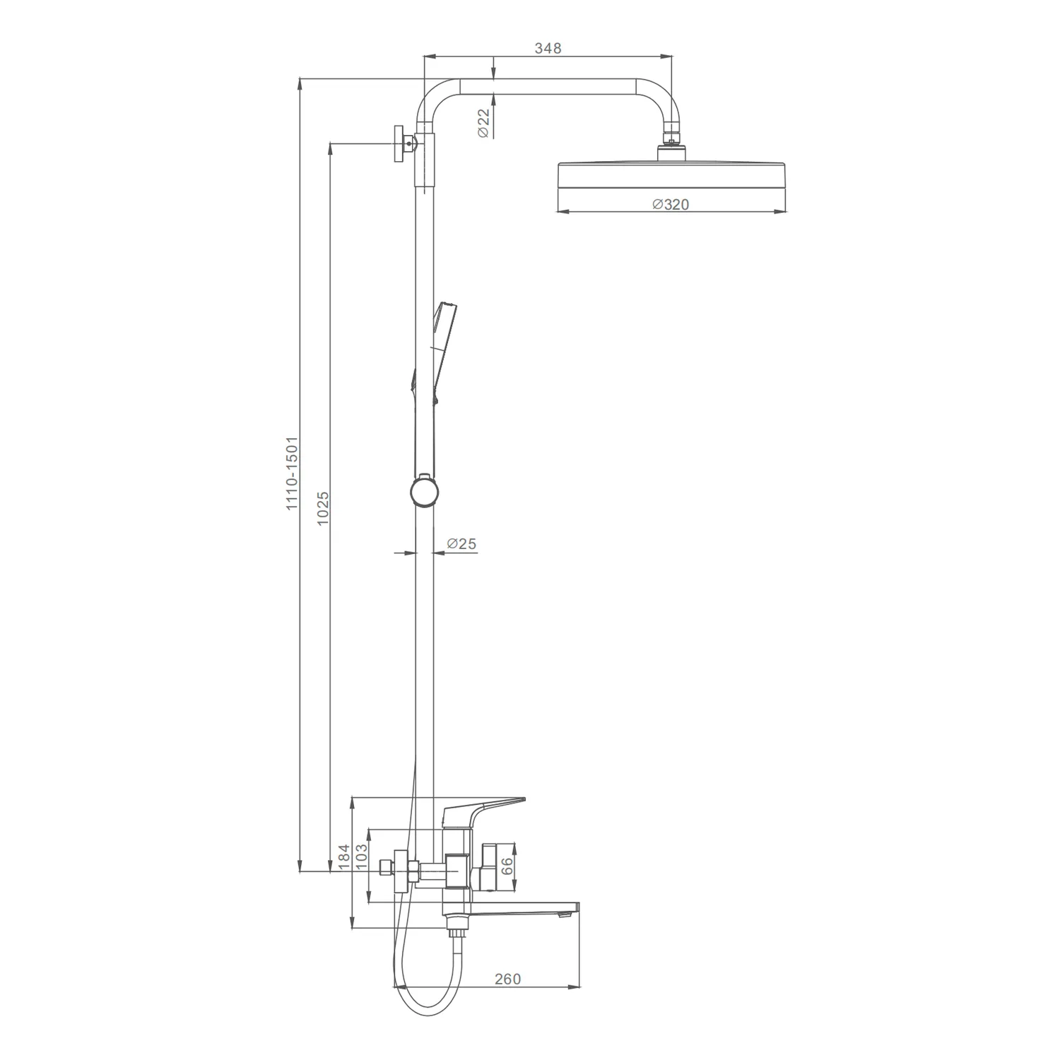 Душевая система Raglo для ванны и душа излив поворотный 20 см, Оружейная сталь R07.24.09
