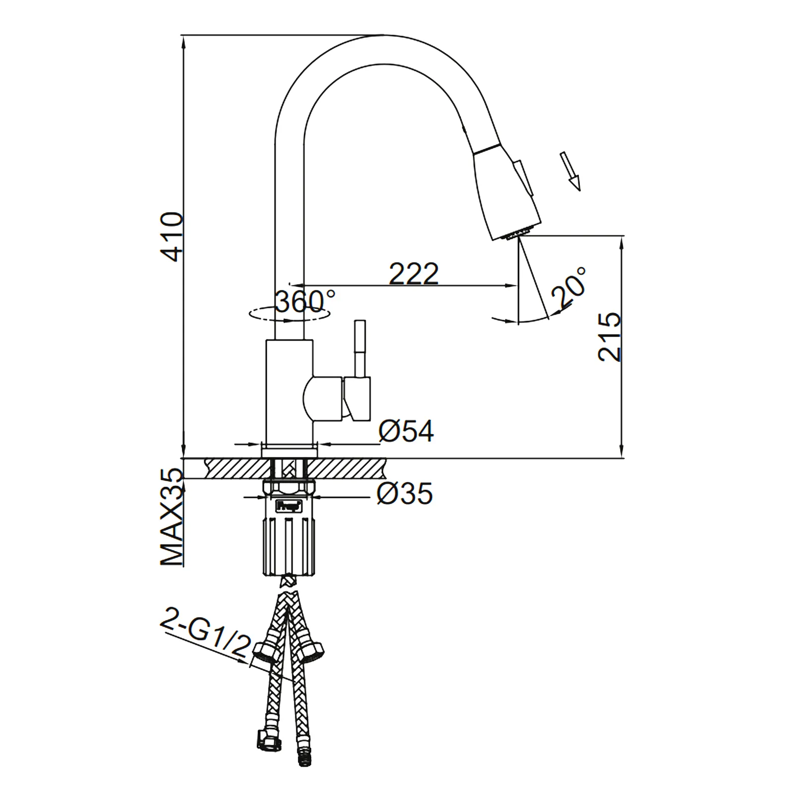 Смеситель для кухни с выдвижным гибким изливом/черный FRAP F60991-6