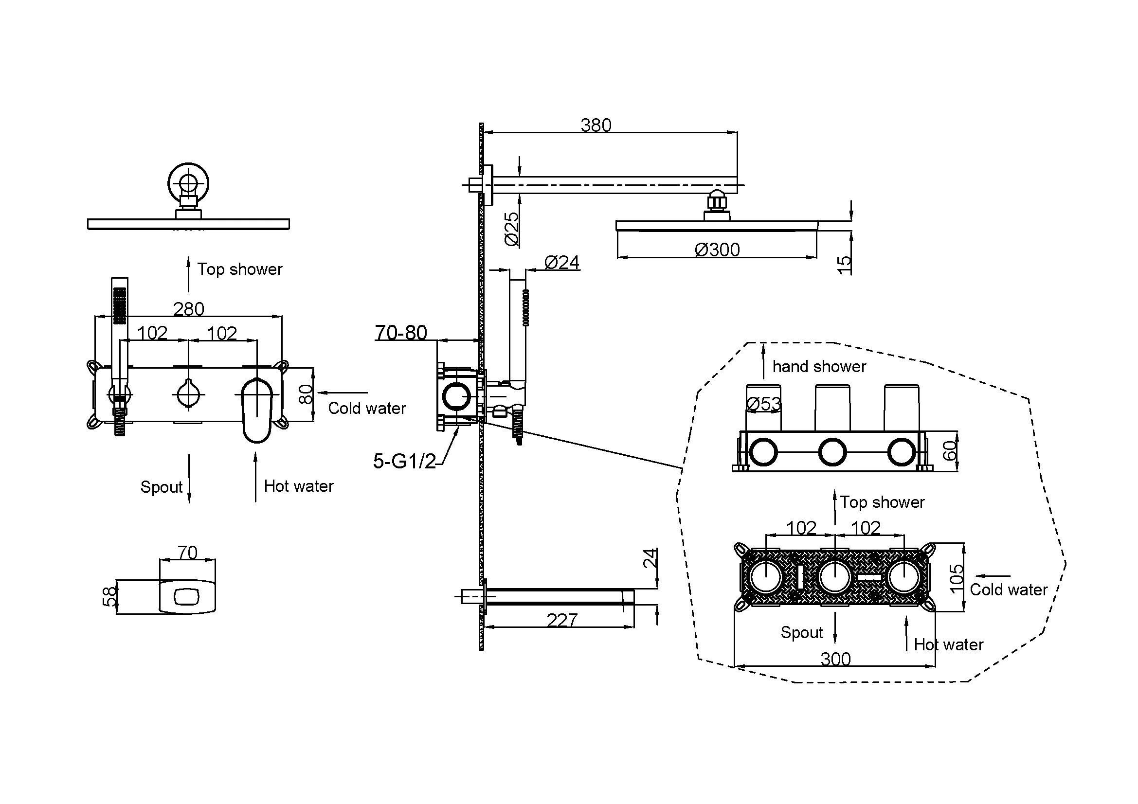 Смеситель встроенный для душа с верхней лейкой и изливом SPECTRE Matt White