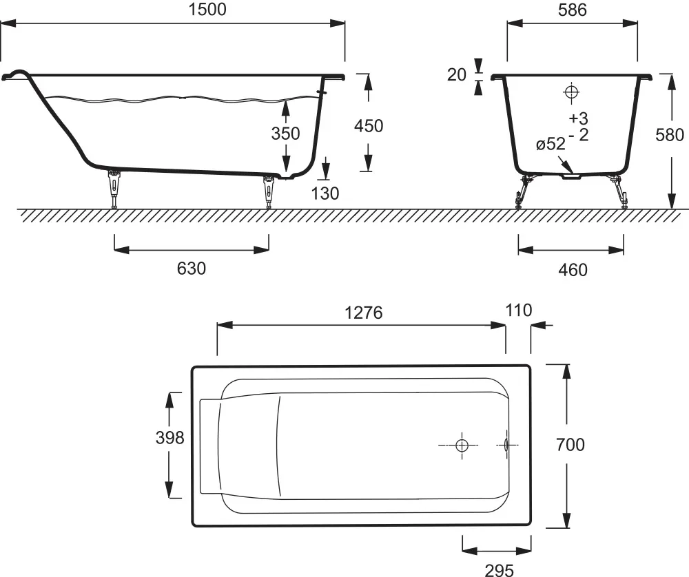 Ванна Чугунная Jacob Delafon PARALLEL 150x70 см с антискользящим покрытием, без отверстий для ручек, без ножек, белая () E294600
