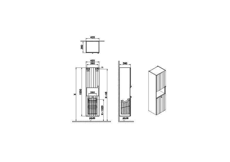 69093 Root Groove Пенал 40 см с корзиной для белья матовый белый левый VITRA