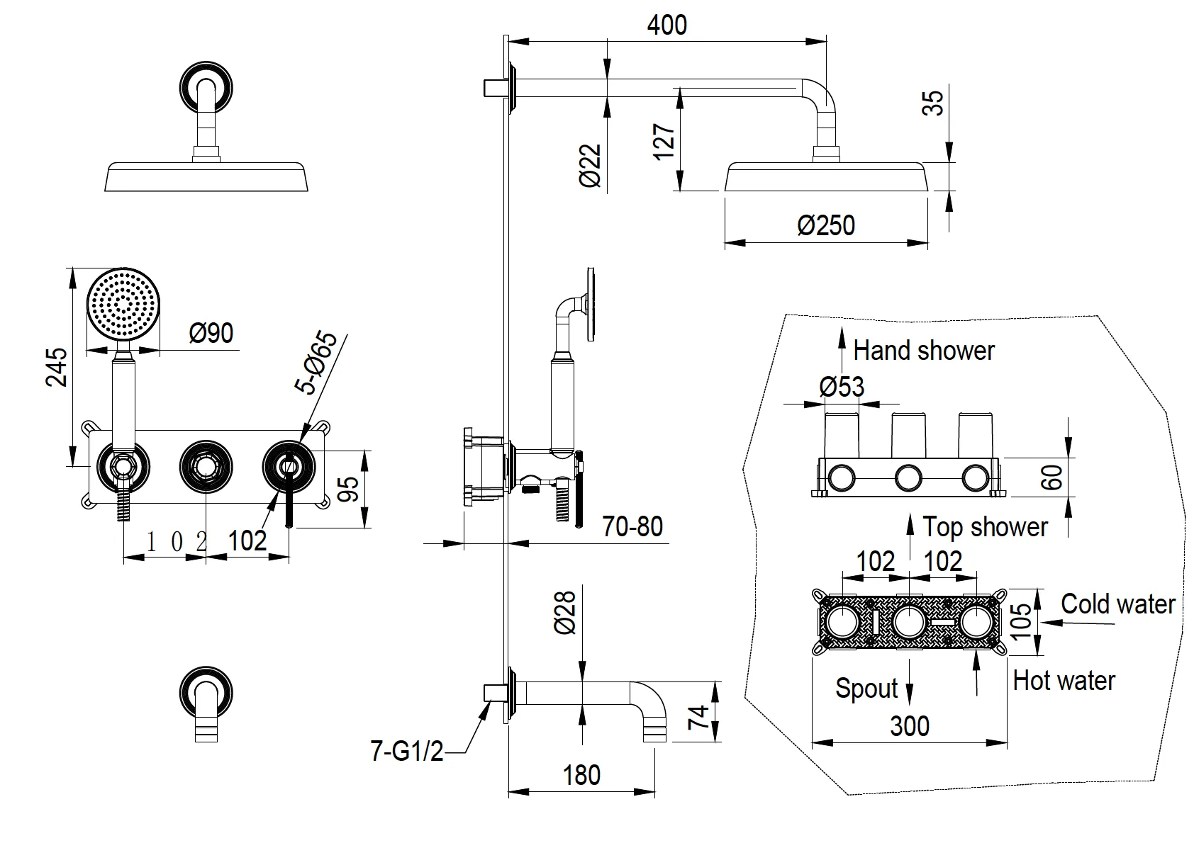 Смеситель встроенный + верхний + ручной душ + излив, ETERNA BRUSHED BRONZE