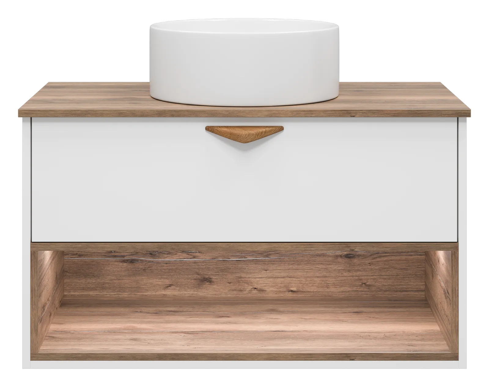 BERGEN - 90 Тумба подвесная 1 ящ. (ДСП (Дуб Гал/БЕЛ мат.эмаль) + раковина