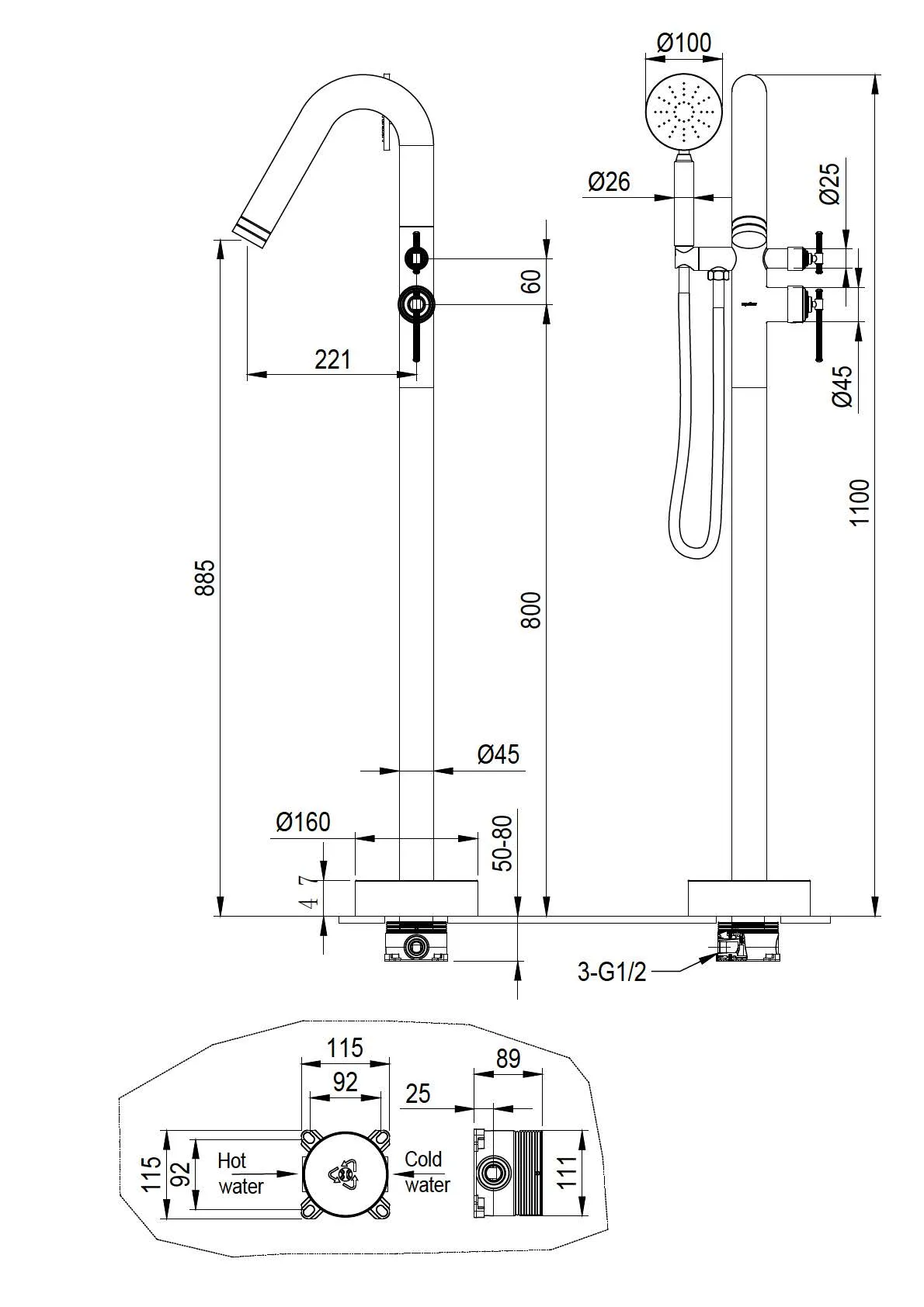 Смеситель напольный ETERNA GUN METAL