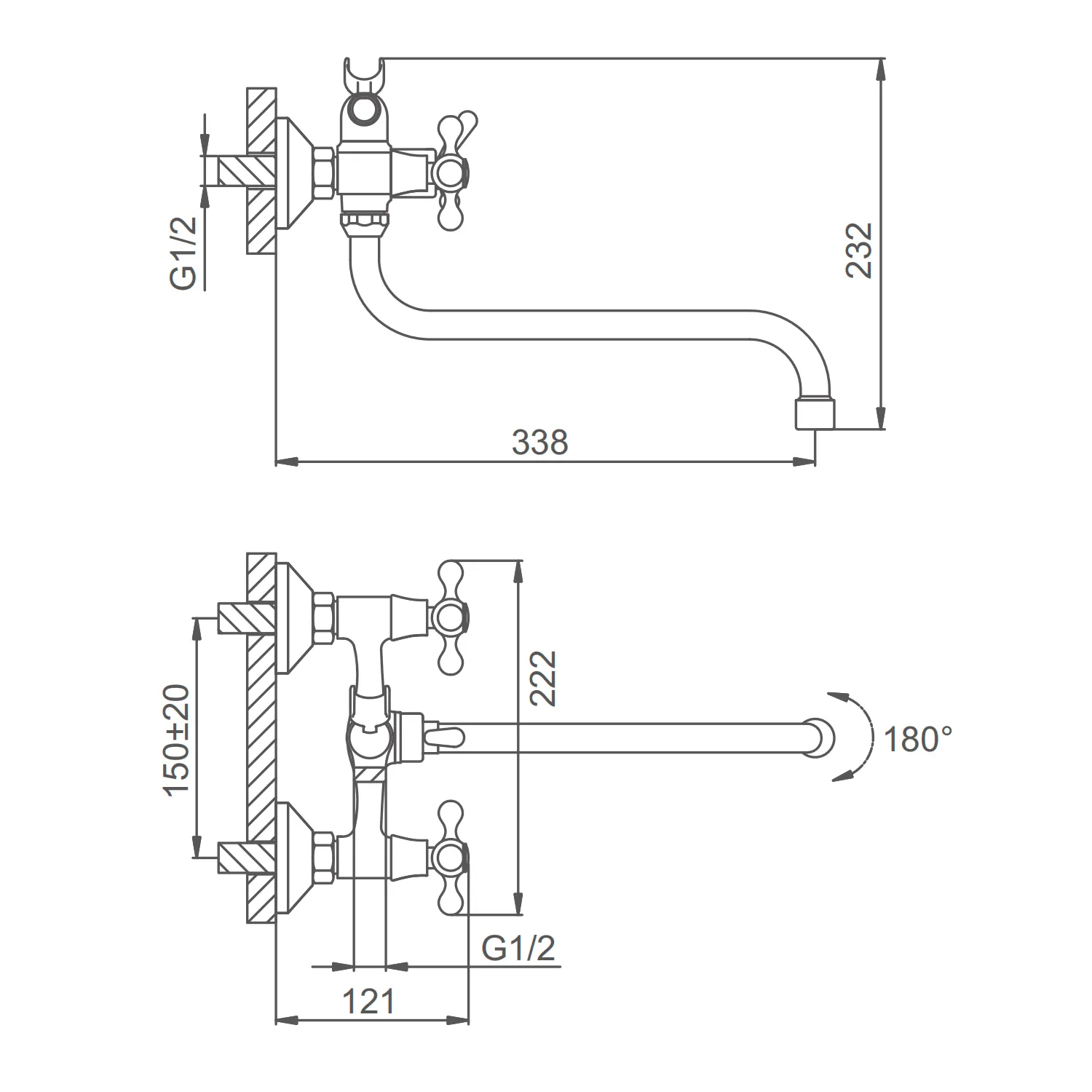 Смеситель Splenka S81.221 для ванны и душа универсальный вентильный поворотный излив 30 см, хром