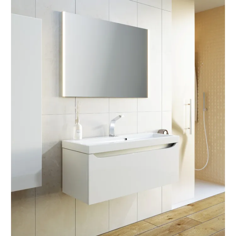 Подвесная тумба в цвете белый глянец с одним выдвижным ящиком и полкой, скрытой за фасадом, из литьевого мрамора