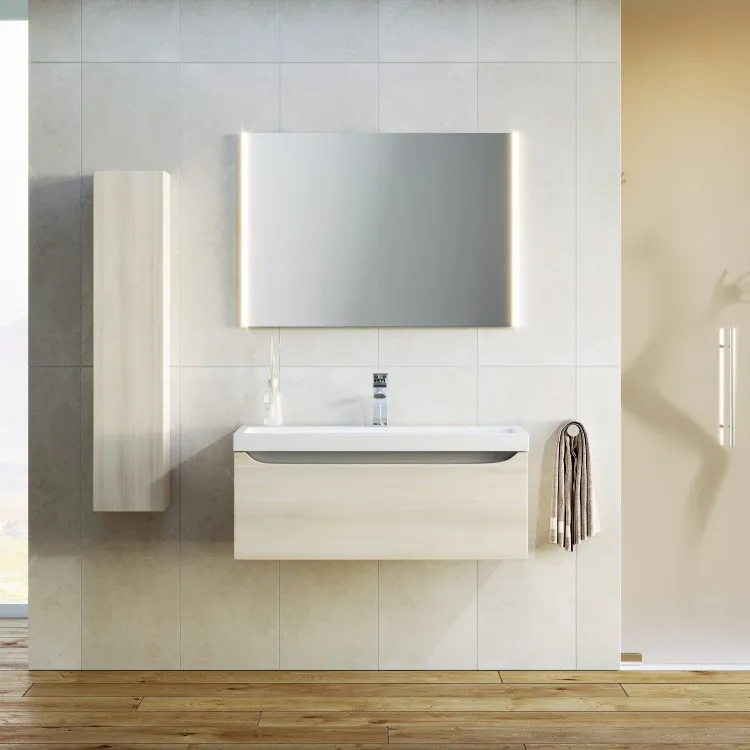 Подвесная тумба в цвете акация с одним выдвижным ящиком и полкой, скрытой за фасадом, из литьевого мрамора