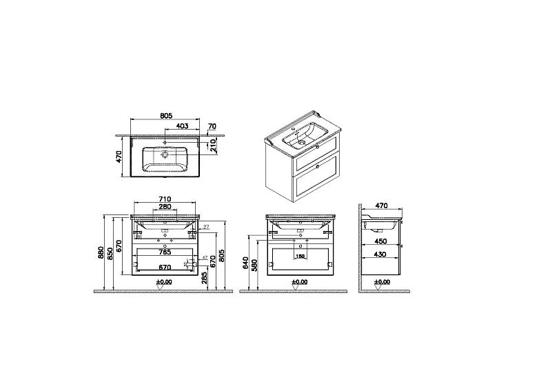 68869 Root Classic Тумба 80 см с классической раковиной 2 ящика матовый белый VITRA
