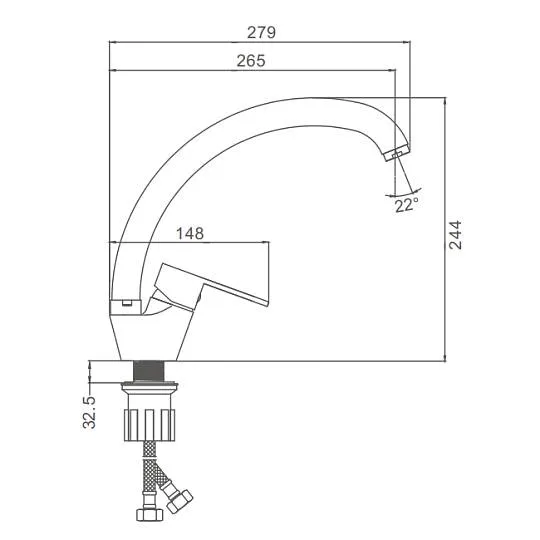 Смеситель Prohanss P64.41 для кухни С-образный поворотный излив, хром