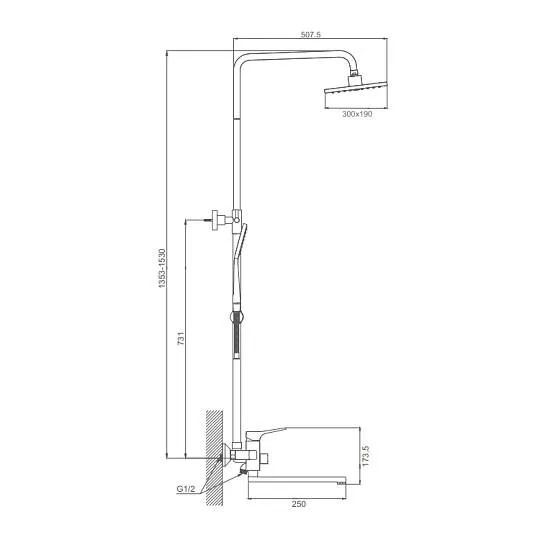 Душевая система Prohanss P62.24.09 для ванны и душа с тропическим душем поворотный излив 25 см, графит