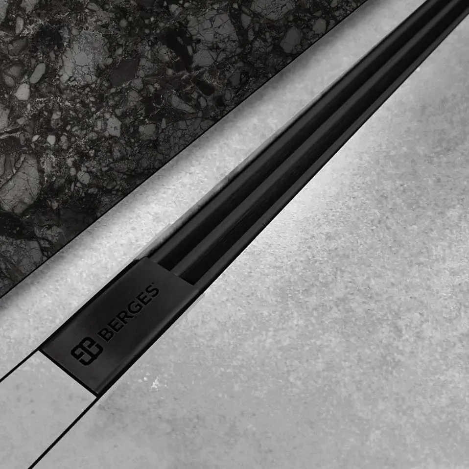Желоб BERGES водосток напольный SUPER Slim 800 нержавеющая сталь, решетка  матовый черный, S-сифон D50 боковой