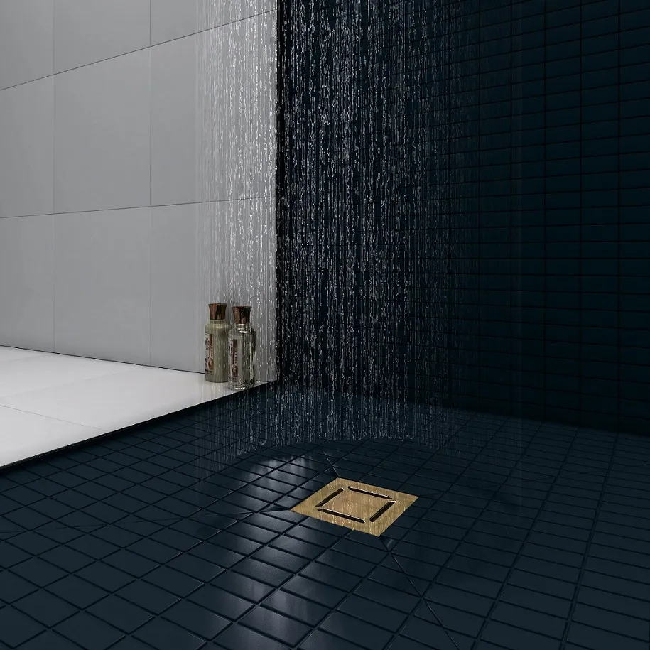 Трап BERGES водосток PLATZ Norma 150х150, золото глянец, S-сифон D50 H60 боковой