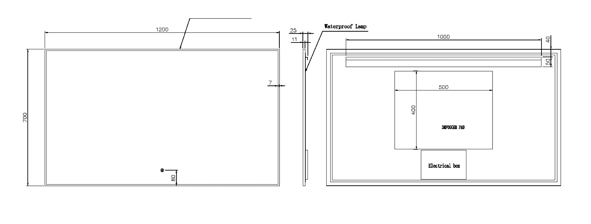 Прямоугольное зеркало , мет. рама, подсв., сенсор, антизапотевание, 120*70 BLACK 