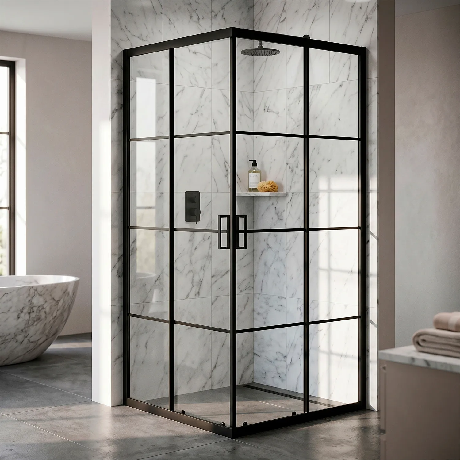 Душевое ограждение Loranto 90x90x190 раздвижная дверь, прозрачное стекло "Лофт клетка" 6 мм, профиль черный матовый (CS-211F-90) 
