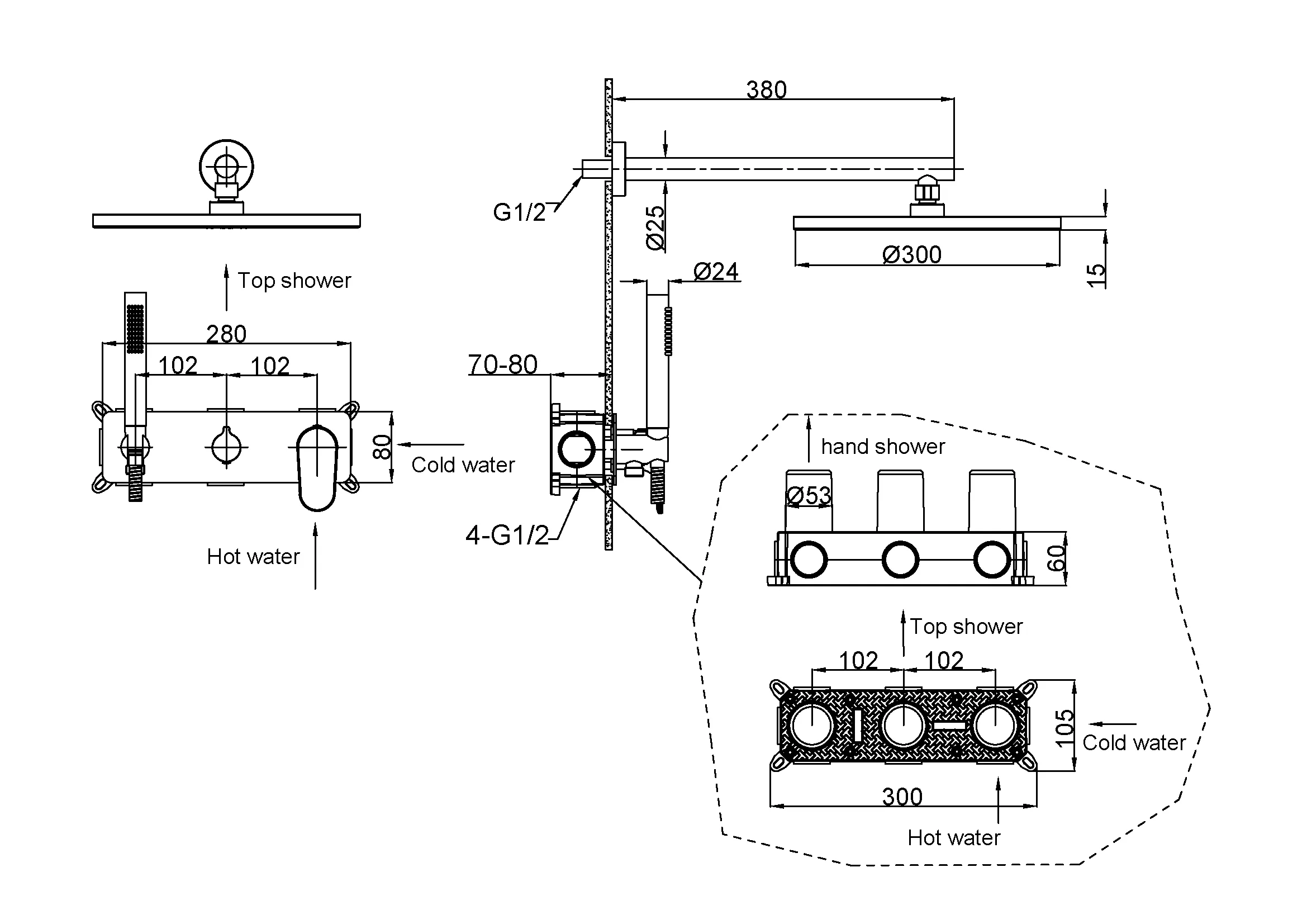 Смеситель встроенный для душа с верхней лейкой SPECTRE Nickel Brush