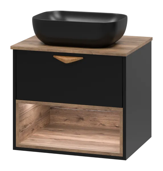 BERGEN - 60 Тумба подвесная 1 ящ (ДСП (Дуб Гал/черн мат.эмаль) + раковина