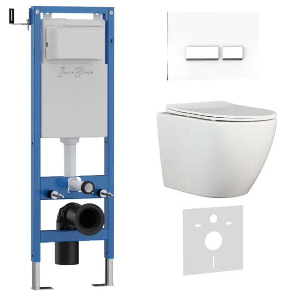 Комплект 3в1 IBERICA BLANCA инсталляция SILENCIO MINI, унитаз BILBAO ALTO белый, кнопка смыва CRYSTAL-R белый () IB.001M.BLA.234.2210